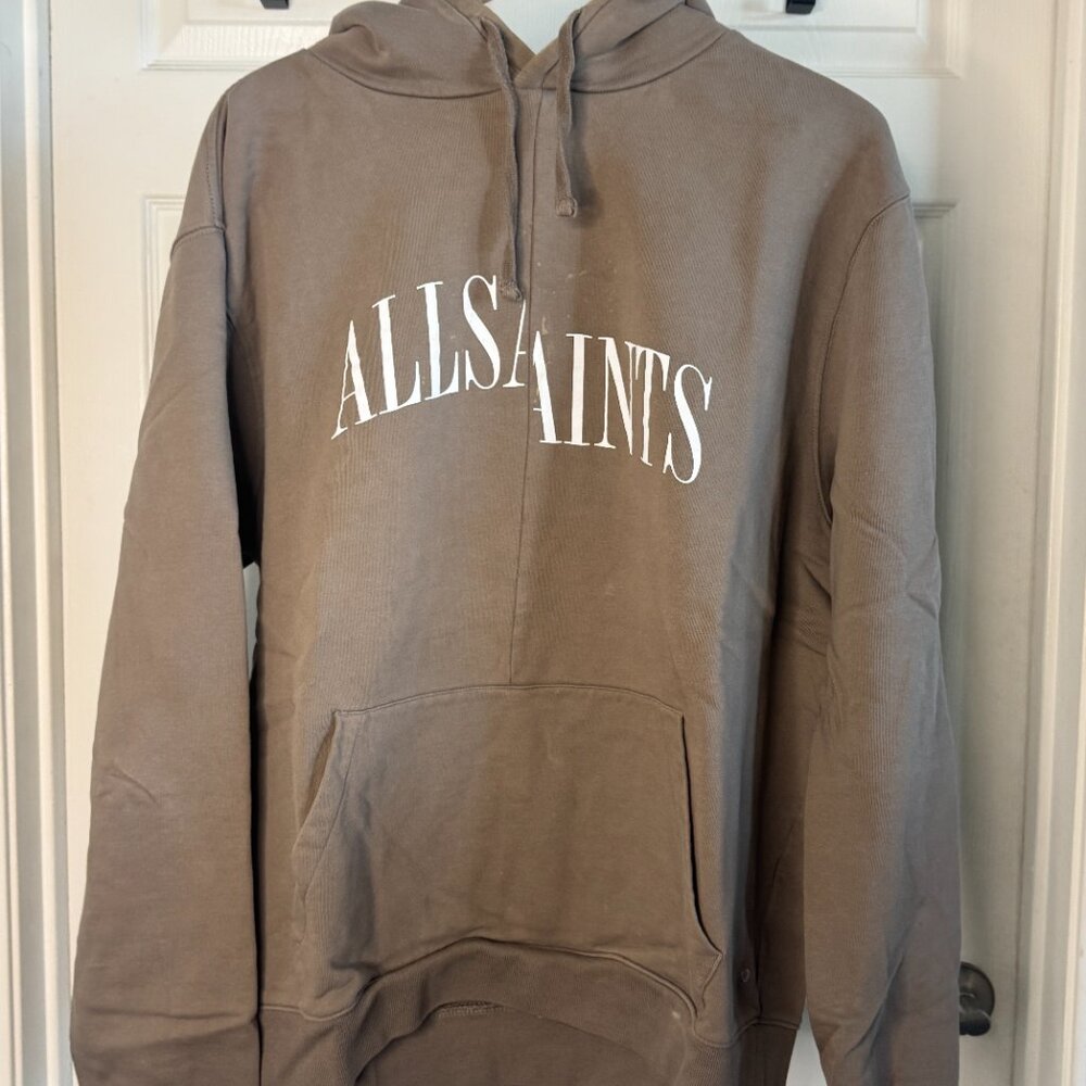 AllSaints Hoodie – Split Logo Print – Taupe Brown – Men’s Oversized XL - Picture 2 of 4